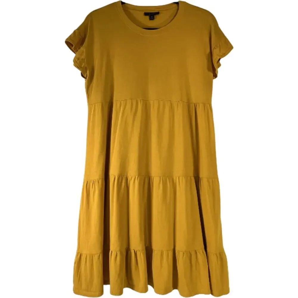 J Crew Gold Crew Neck Cap Sleeve Tiered Dress Size XS